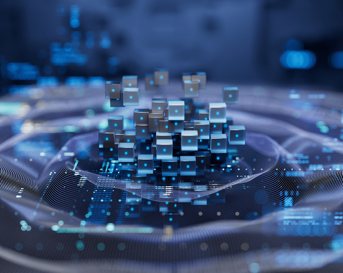 Digital cubes in a futuristic blue environment.