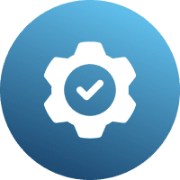 White gear with checkmark on blue background.