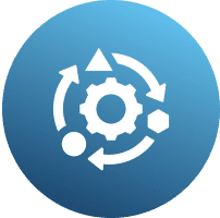 Gear with arrows and shapes on blue.