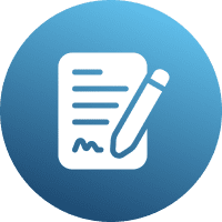 Icon of document with pencil on blue background.