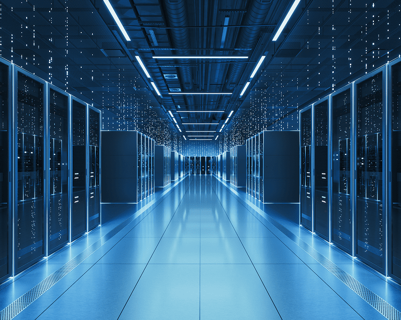 Futuristic server room with blue lighting.