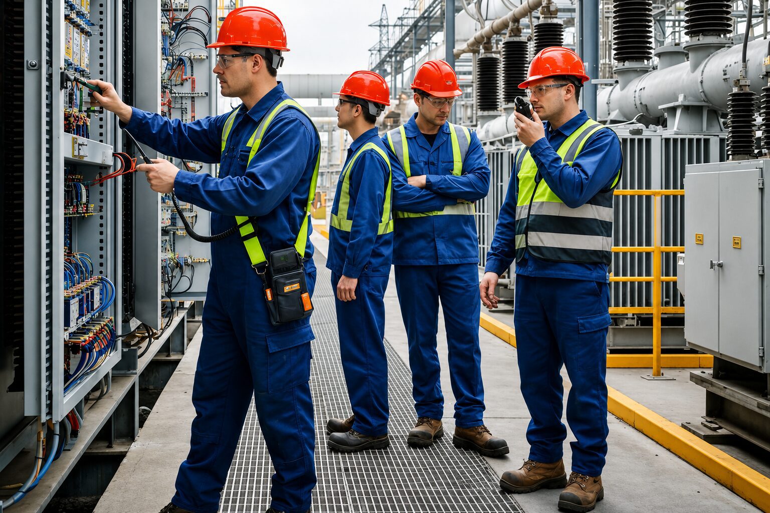Technicians inspecting electrical substation control panels