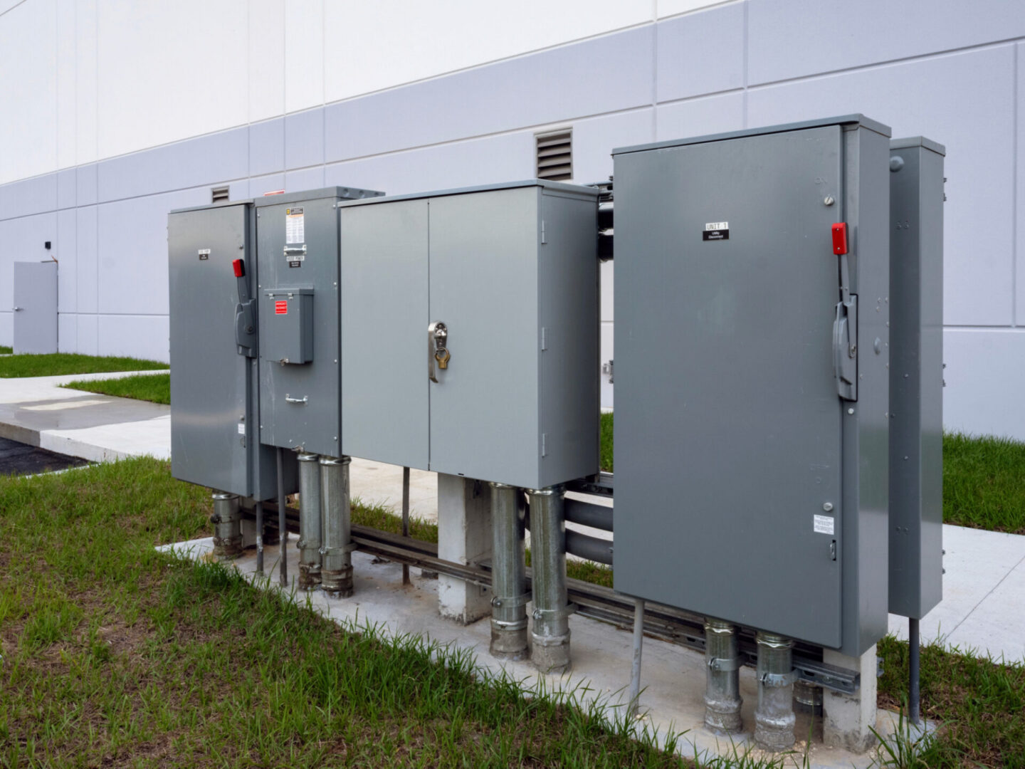 Gray outdoor electrical panels beside building