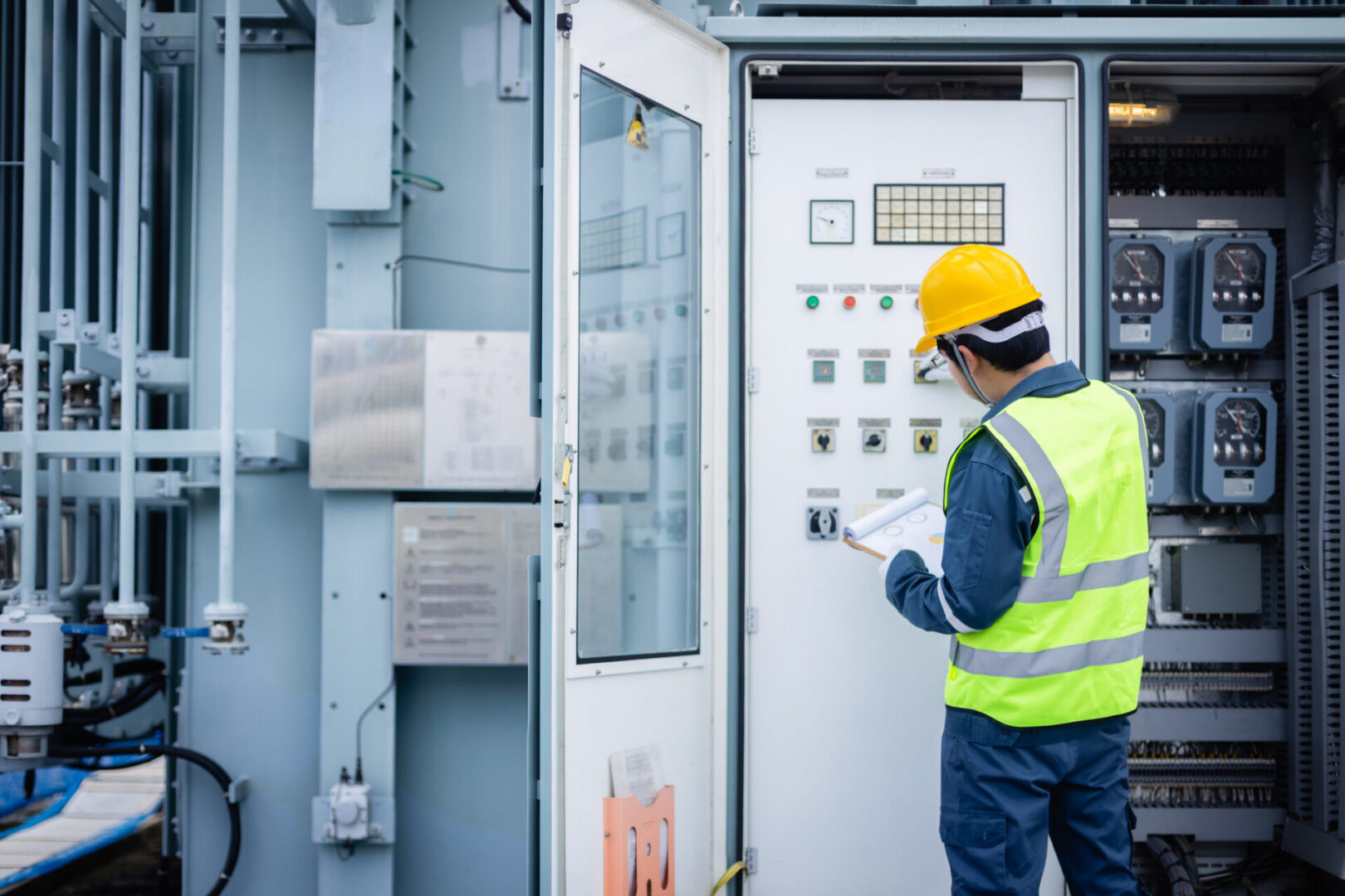 Technician inspecting industrial electrical control panel