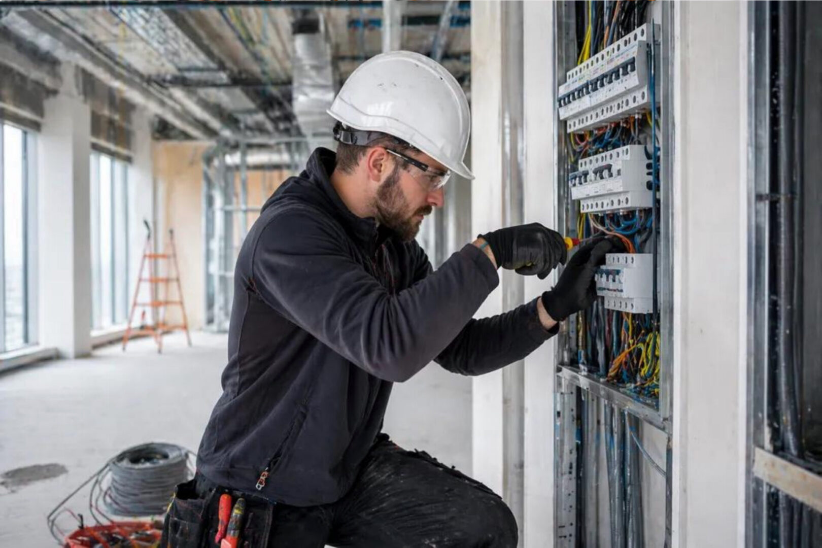 Electrician wiring electrical panel in construction site