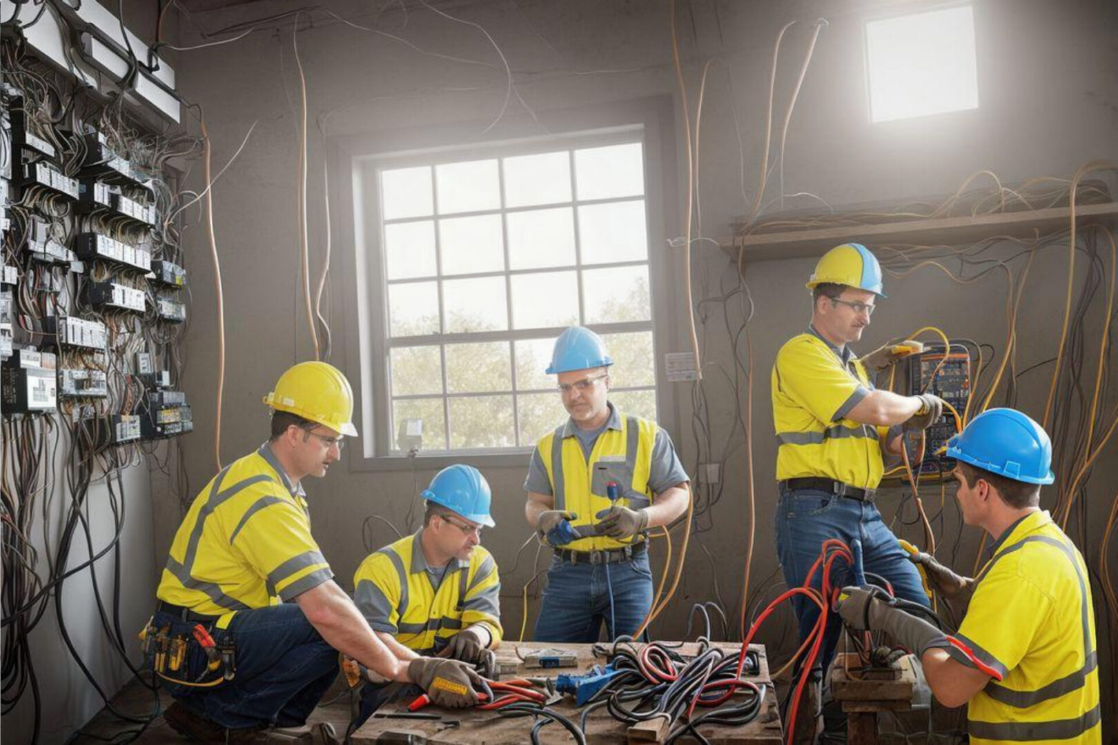 Electricians installing wiring inside a utility room