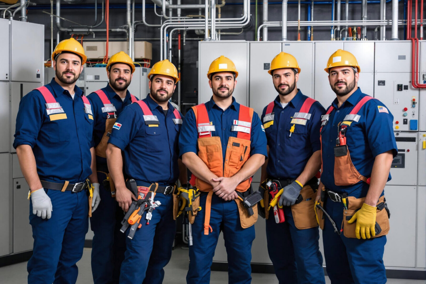 Group of six electricians in safety gear