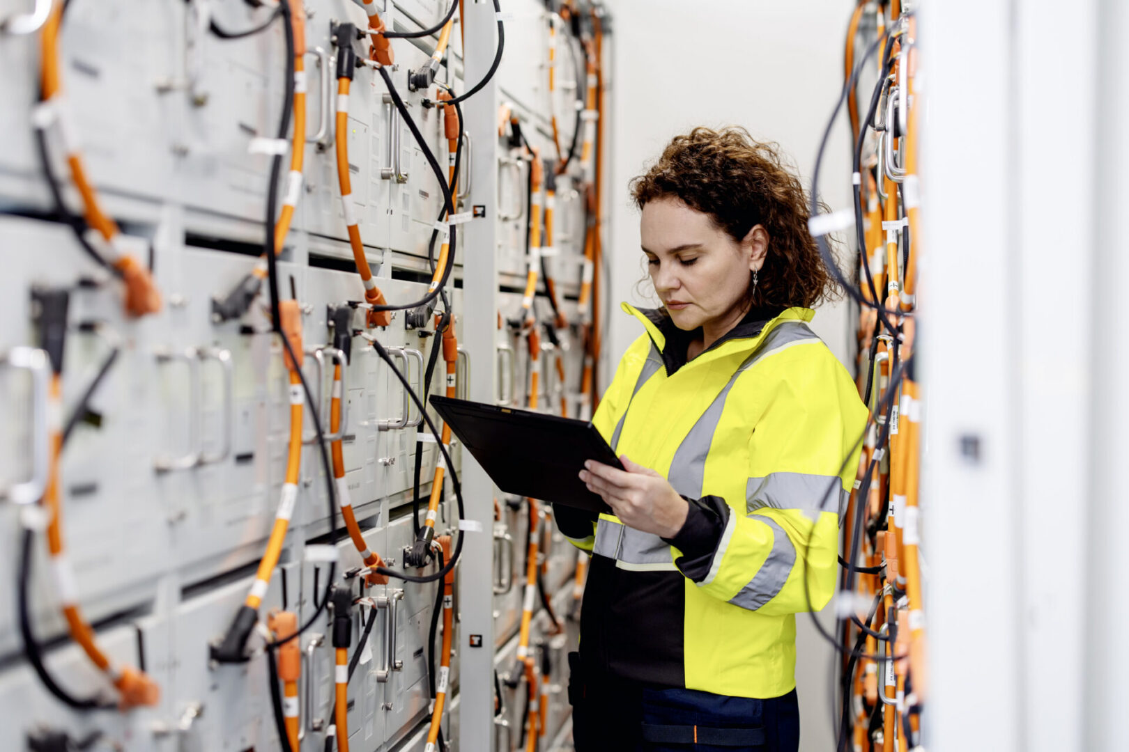 Technician inspecting battery bank with tablet