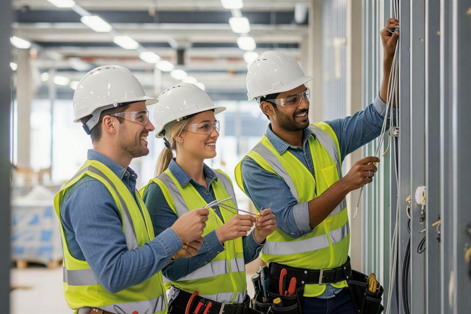 Three electricians installing wiring in commercial building